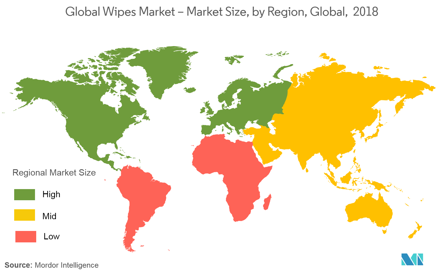 سوق المناديل العالمية - حجم السوق، حسب المنطقة، عالميا، 2018
